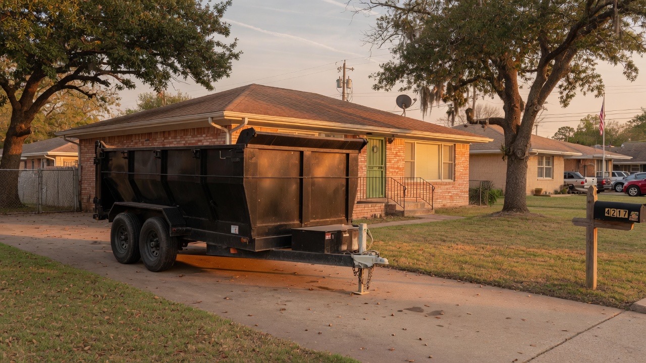 Dump trailer staged for a same-day residential junk haul